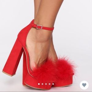 Red Platform Faux Fur Pumps